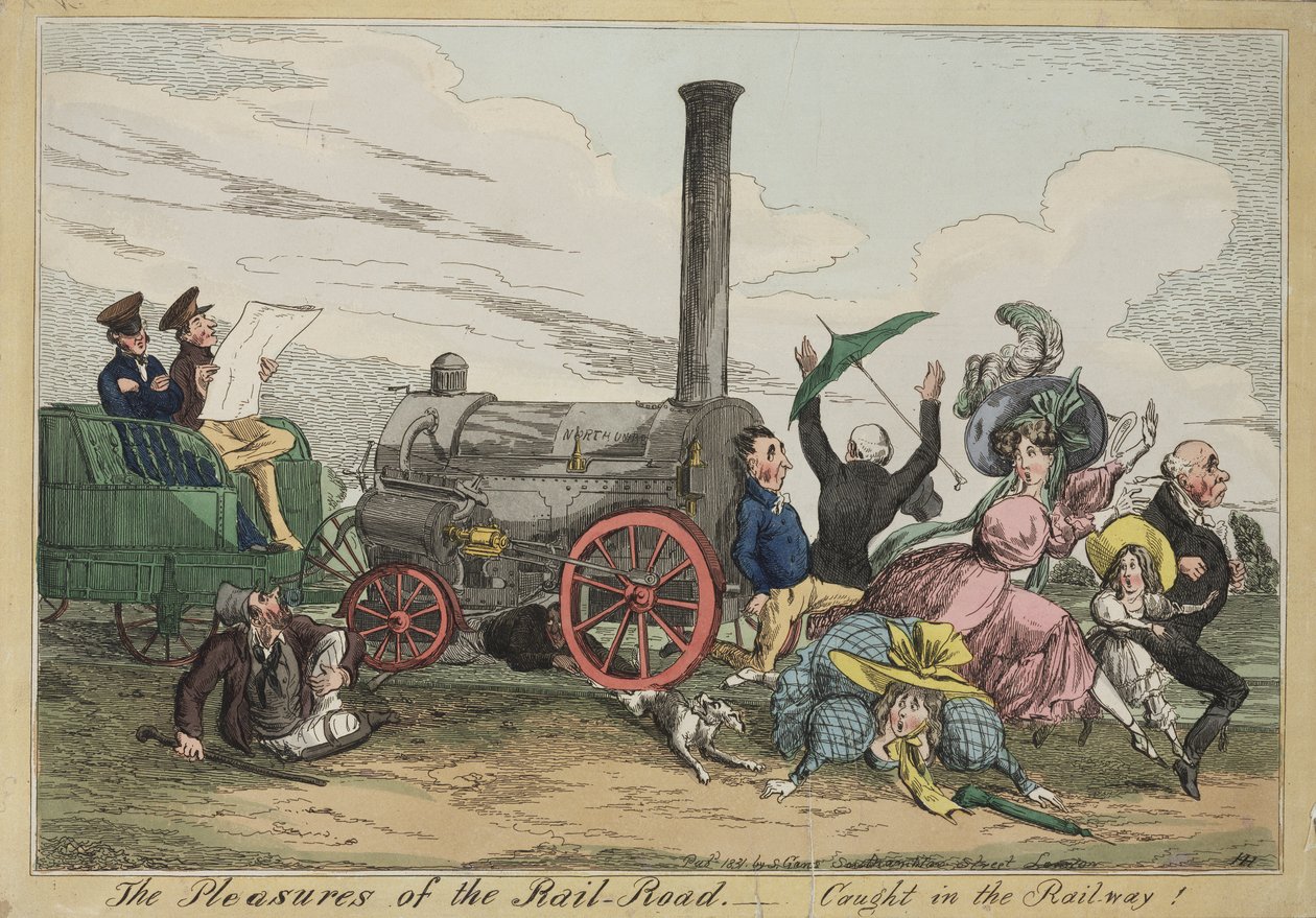 The Pleasures of the Rail Road - Caught in the Railway!, c.1840 (akwaforta ręcznie kolorowana) autorstwa Henry Heath
