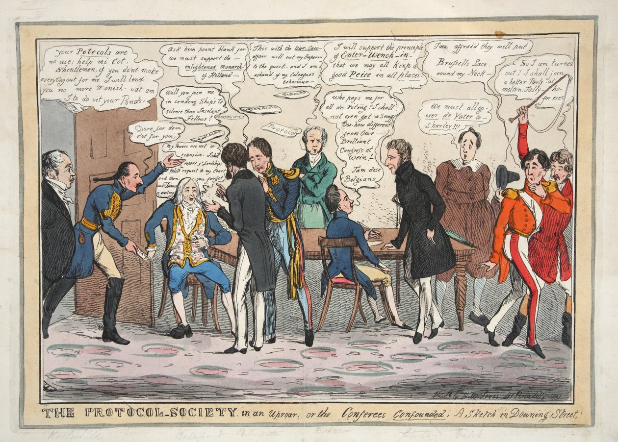 Stowarzyszenie Protokołu w zgiełku, czyli zmieszani Konferenci. Szkic na Downing Street, wyd. 1831 (grawerowanie ręcznie kolorowane) autorstwa Henry Heath