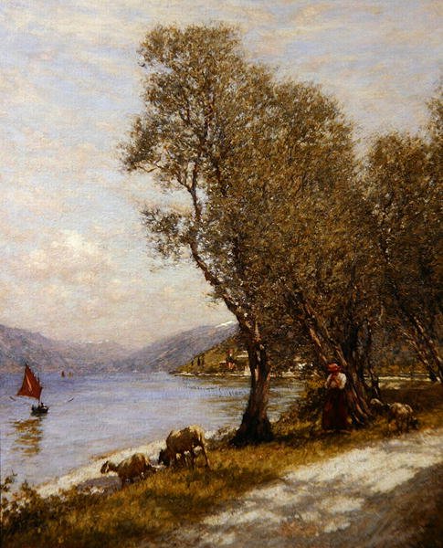 Pasterka Veronese, Jezioro Garda (olej na płótnie) autorstwa Henry Herbert La Thangue