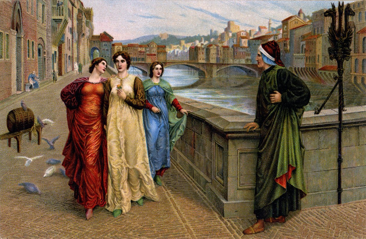 Dante Alighieri spotykający swoją muzę Beatrice Portinari w Firenze, ok. 1890 r. (druk) autorstwa Henry Holiday