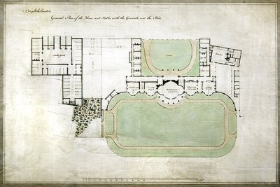 Brighthelmstone, czyli Brighton Pavilion - ogólny plan domu i stajni wraz z terenem, z dobudówką przez architekta Henry