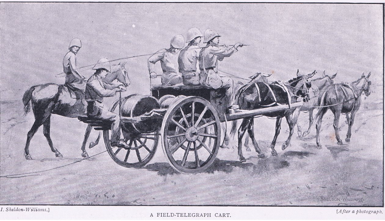 Polowy wózek telegraficzny z książki After Pretoria: The Guerilla War wydanej przez Harmsworth Bros Limited, 1901 autorstwa Henry Inglis Jodrel Sheldon Williams