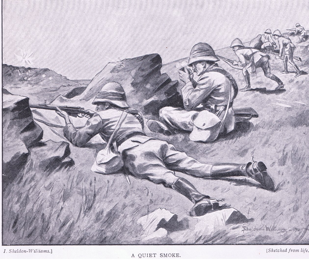 Cichy dym z After Pretoria: The Guerilla War wydanego przez Harmsworth Bros Limited autorstwa Henry Inglis Jodrel Sheldon Williams