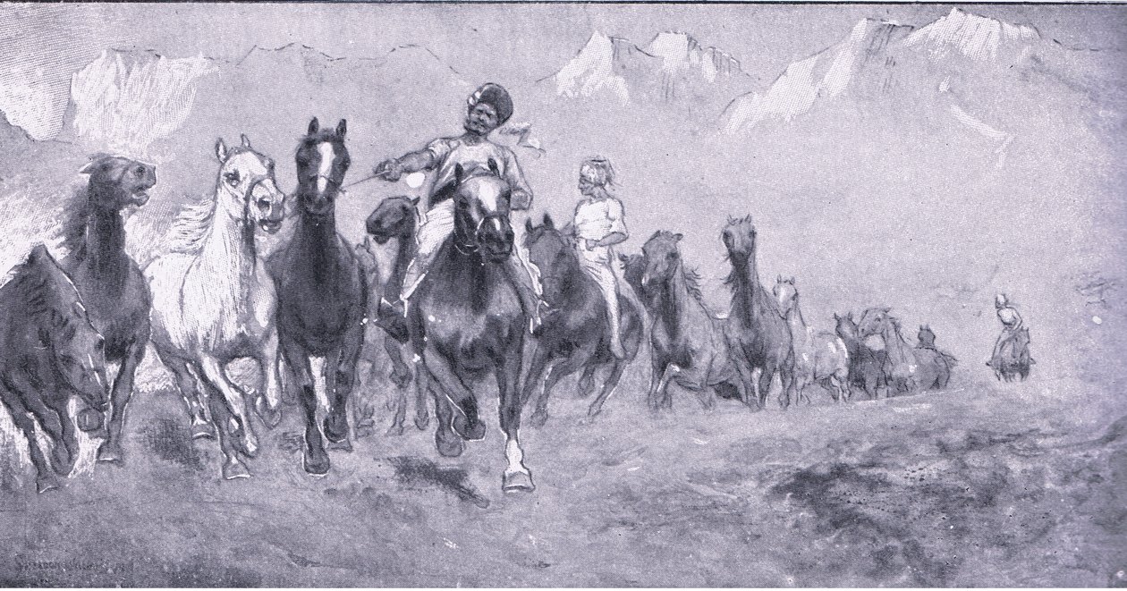 Indyjscy kulisy wsiadający do boscha Stellensa z After Pretoria: The Guerilla War wydanego przez Harmsworth Bros Limited, 1901 autorstwa Henry Inglis Jodrel Sheldon Williams
