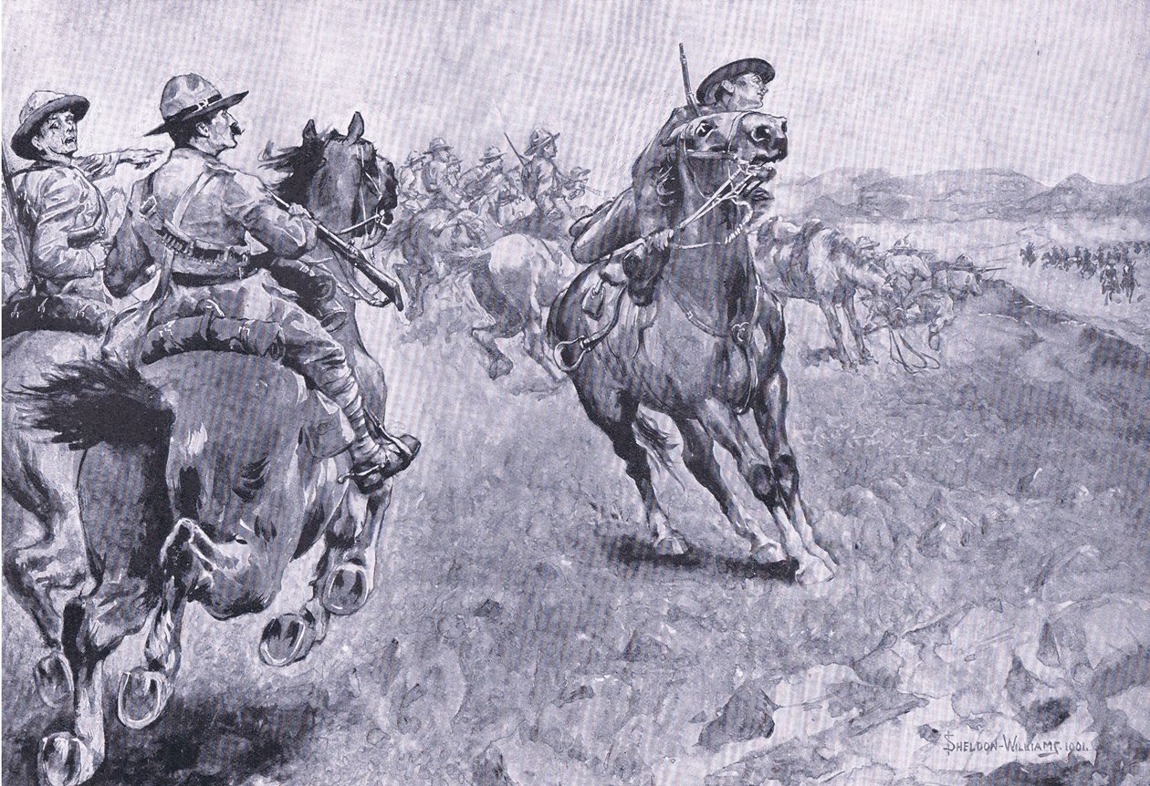 Wyścig o dowództwo Philips Town Road, z książki After Pretoria: The Guerilla War wydanej przez Harmsworth Bros Limited, 1901 autorstwa Henry Inglis Jodrel Sheldon Williams