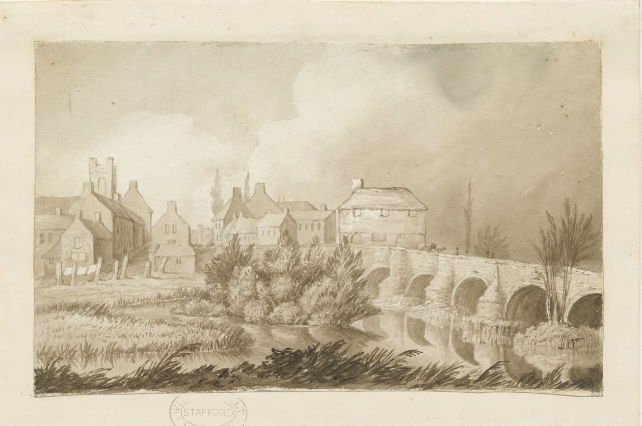 Burton-upon-Trent Bridge and Town: rysunek w sepii, bd [ok. 1840] autorstwa Henry James Noyes