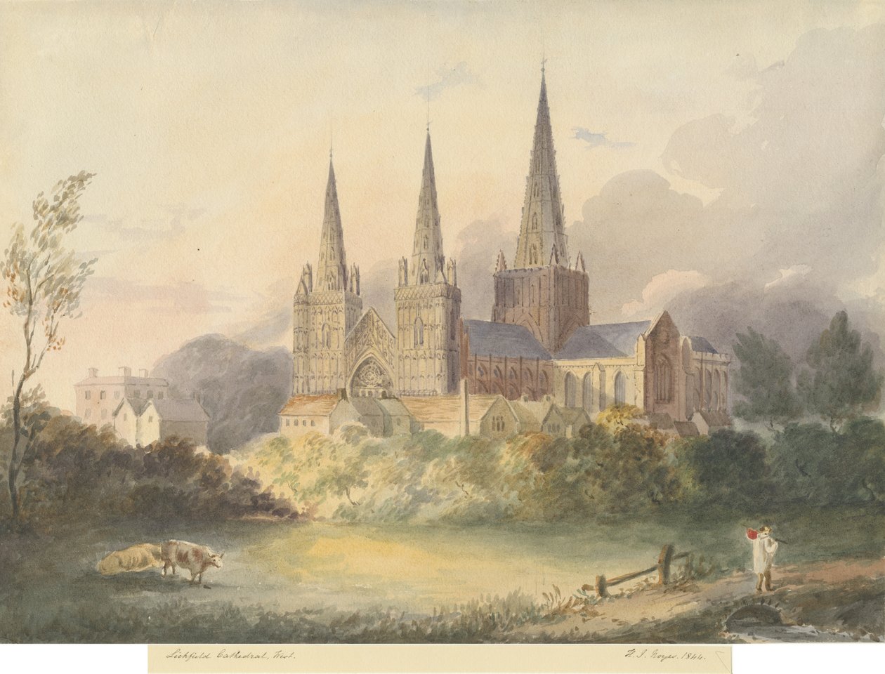 Katedra w Lichfield - widok na zachód: akwarela, 1844 autorstwa Henry James Noyes