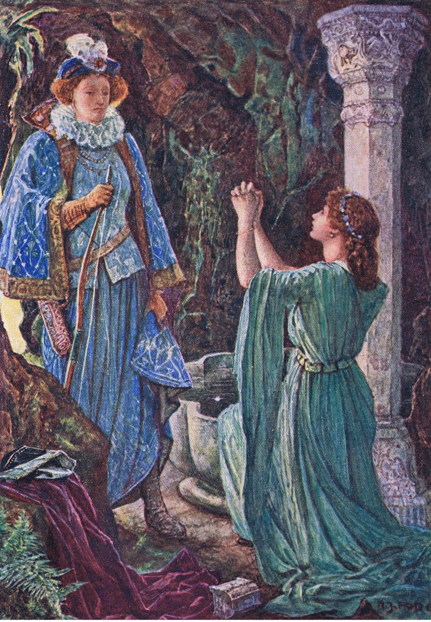 Elżbieta i Amy spotykają się w grocie, ilustracja z Kenilworth, ok. 1910 autorstwa Henry Justice Ford