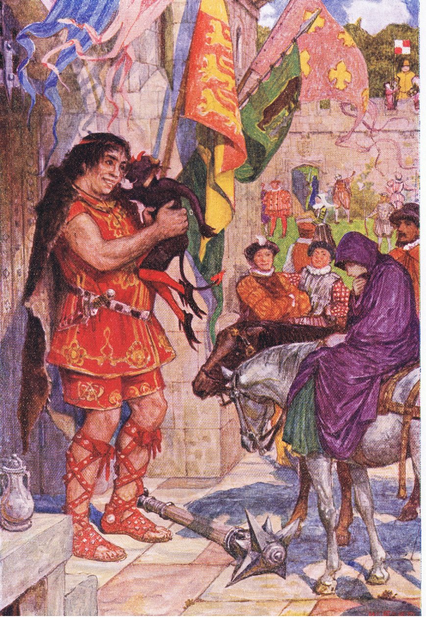 Flibbertigibbet przebrany za diabła uspokaja olbrzyma, gdy Wayland przyprowadza Amy do zamku Kenilworth, ilustracja z Kenilworth, ok. 1910 autorstwa Henry Justice Ford