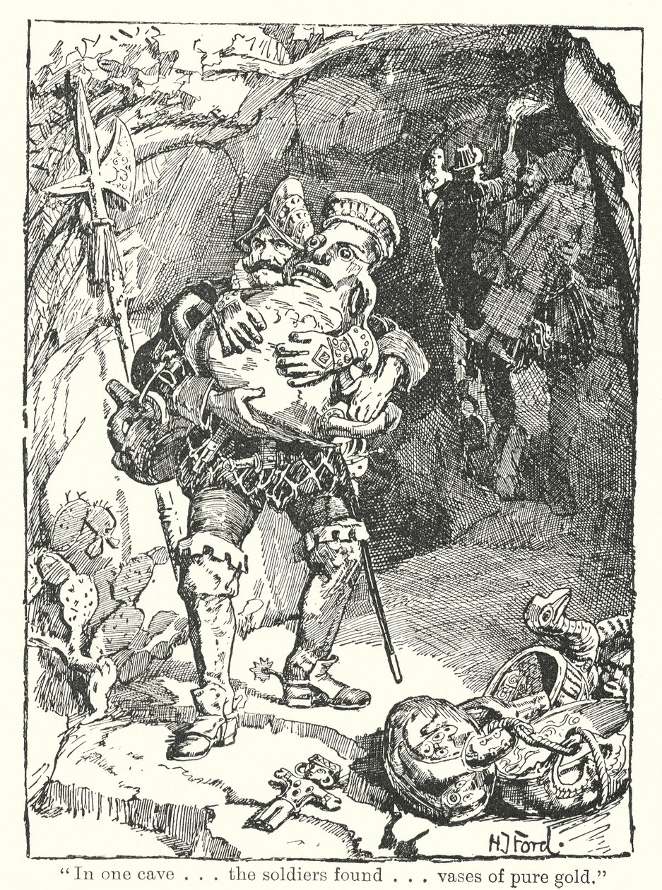 "W jednej jaskini. Żołnierze znaleźli. Wazony z czystego złota" (litho) autorstwa Henry Justice Ford