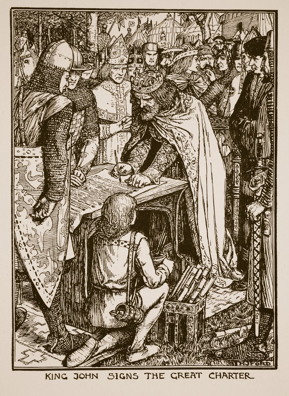 Król Jan śpiewa Wielką Kartę, ilustracja z "Historii Anglii" C.R.L. Fletchera i Rudyarda Kiplinga, 1911 r. autorstwa Henry Justice Ford