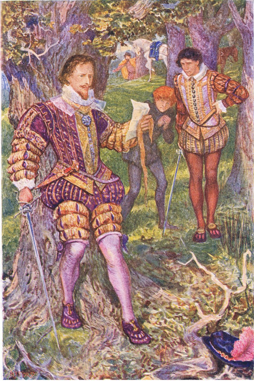 Leicester czyta list Amy, ilustracja z Kenilworth, ok. 1910 autorstwa Henry Justice Ford