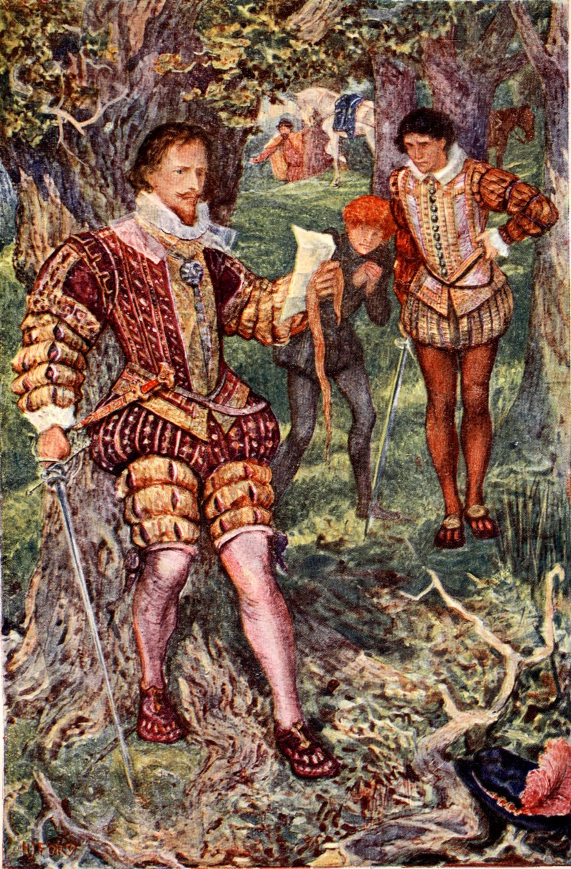 Leicester chwyta list od swojej żony Amy, opowiadający o spisku Varneya, by ją otruć, ilustracja z „Kenilworth” Sir Waltera Scotta, opublikowana w 1912 roku (kolor lito) autorstwa Henry Justice Ford