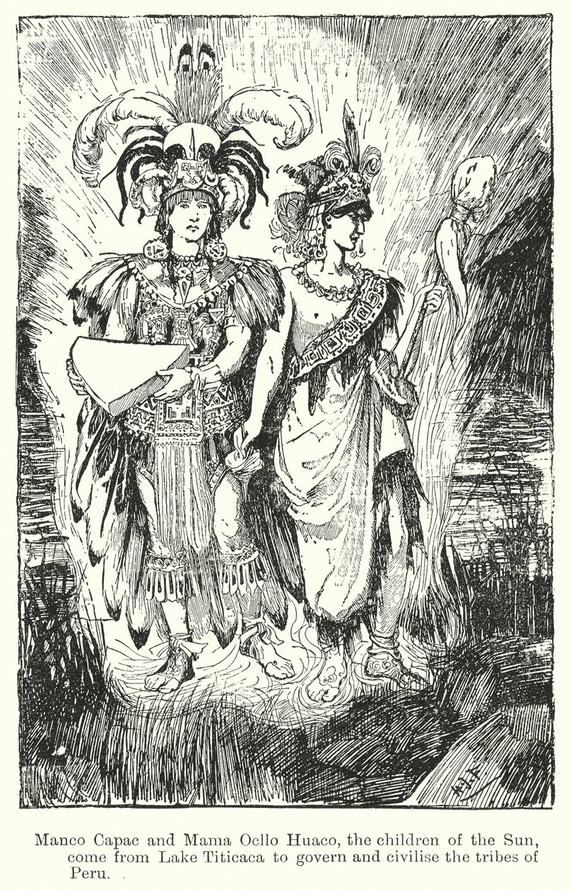 Manco Capac i Mama Ocllo Huaco, dzieci Słońca, przybywają znad jeziora Titicaca, by rządzić i cywilizować plemiona ... (litografia) autorstwa Henry Justice Ford