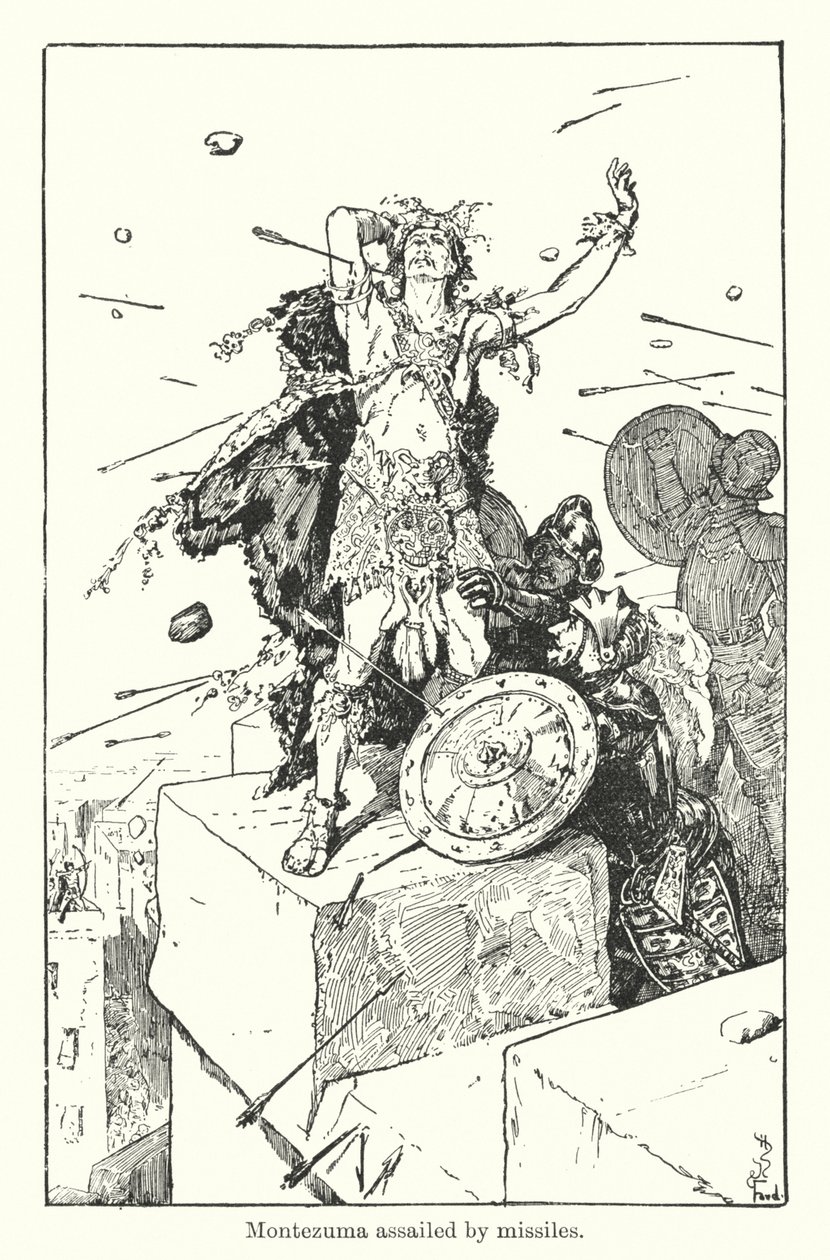 Montezuma zaatakowany przez pociski (rycina) autorstwa Henry Justice Ford