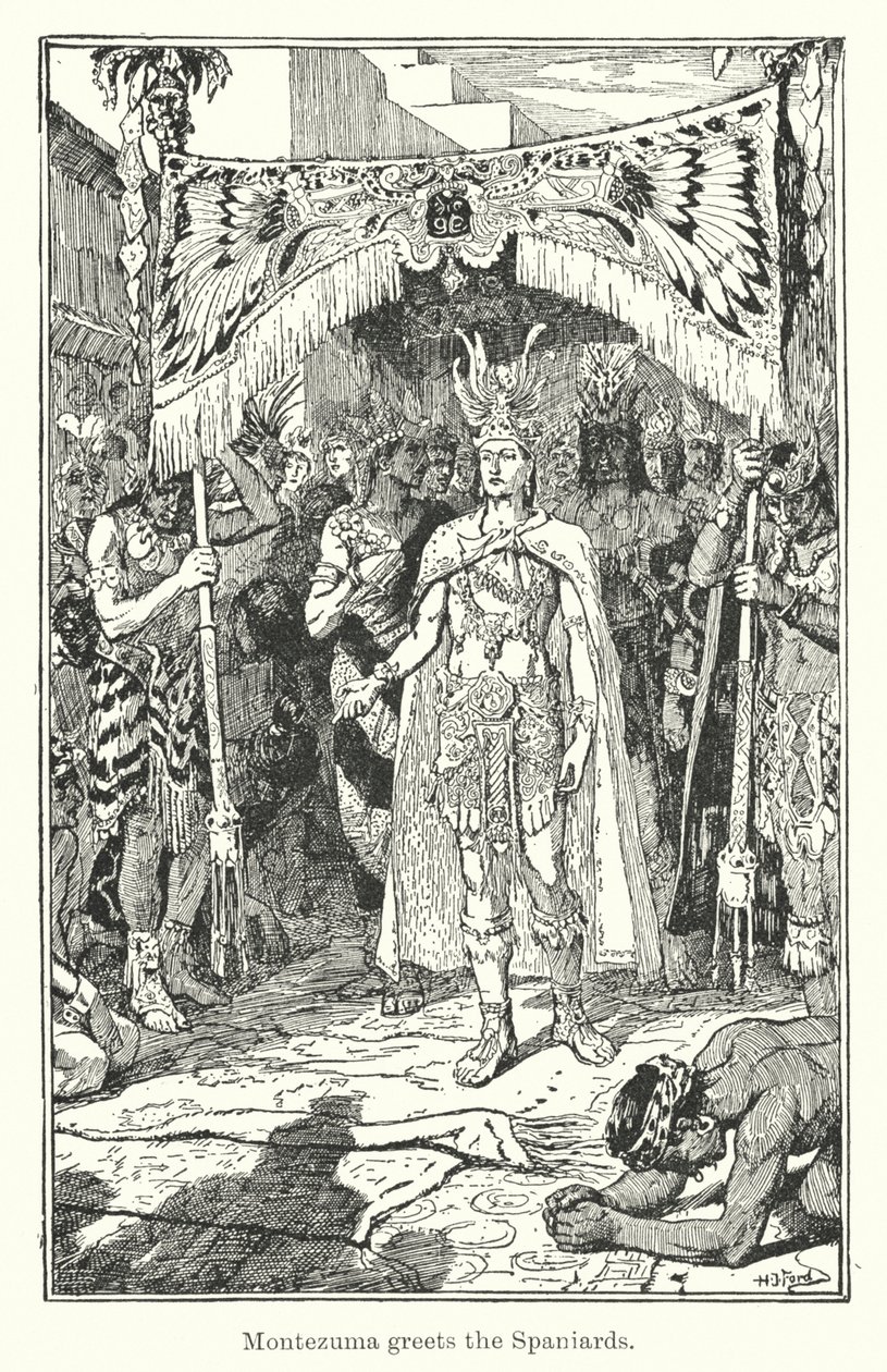 Montezuma wita Hiszpanów (rycina) autorstwa Henry Justice Ford