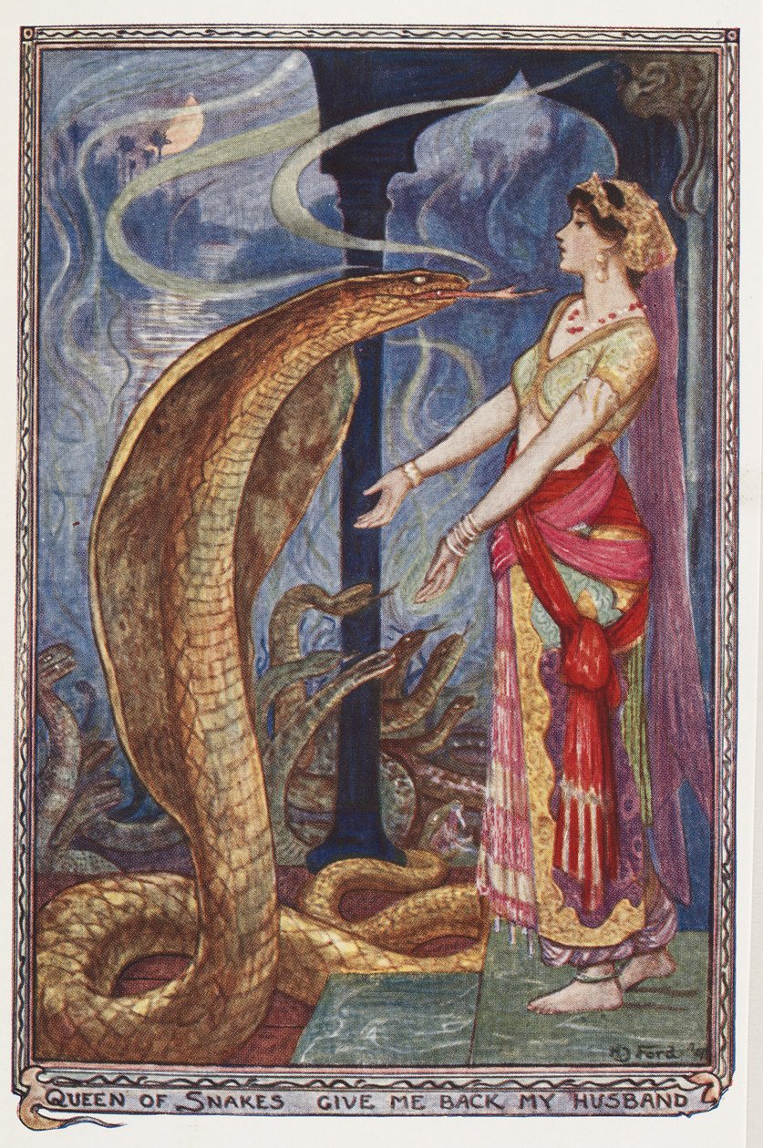 Królowo węży, oddaj mi mojego męża, ilustracja z książki Andrew Laing, The Olive Fairy Book, 1907 autorstwa Henry Justice Ford
