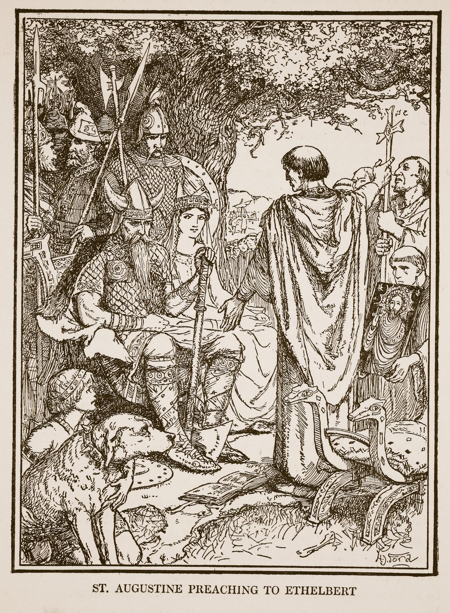 Św. Augustyn przemawia do Ethelberta, ilustracja z „Historii Anglii” autorstwa C.R.L. Fletcher i Rudyard Kipling autorstwa Henry Justice Ford