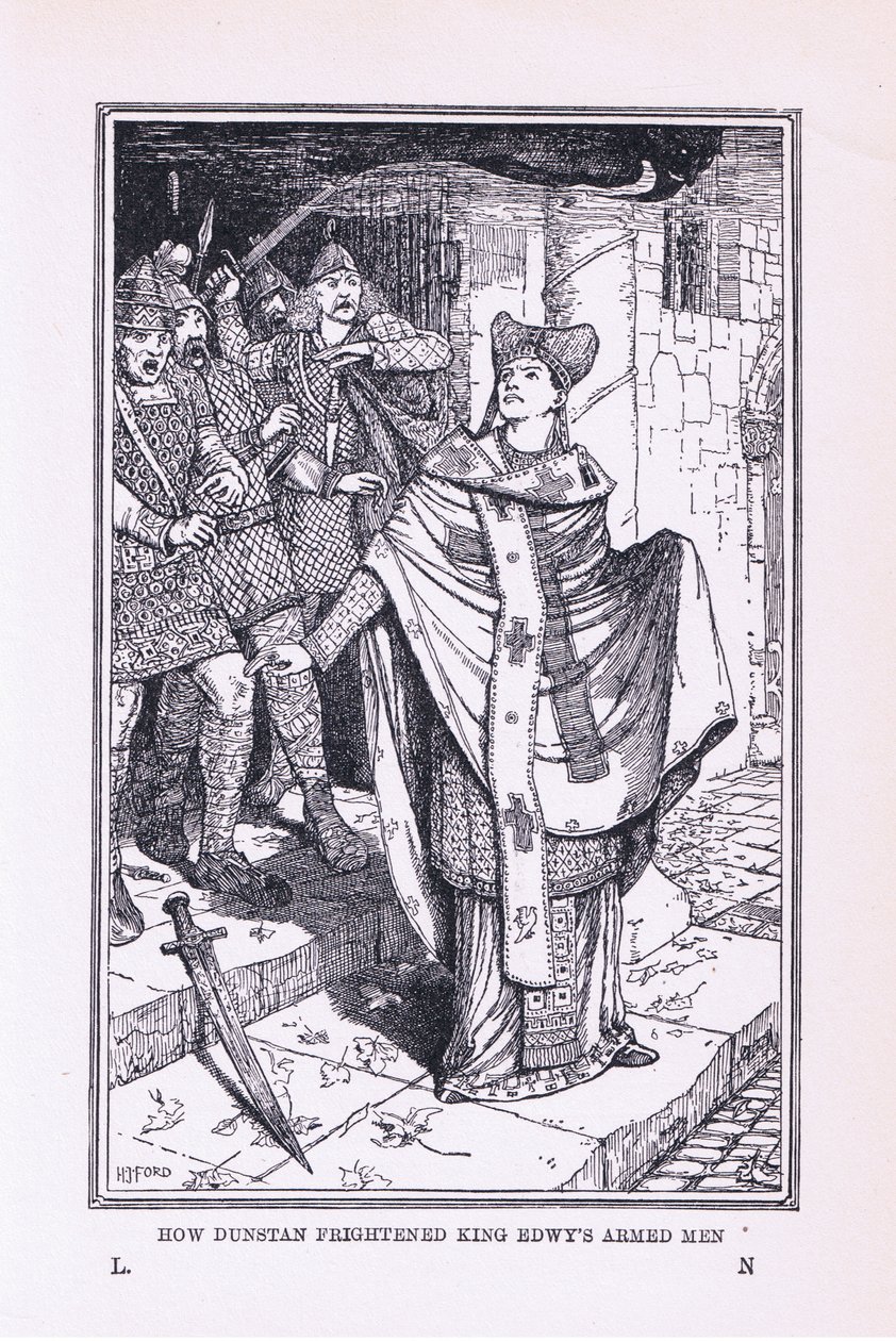 Św Dunstan przestraszył uzbrojonych ludzi króla Edwy, 1912 autorstwa Henry Justice Ford