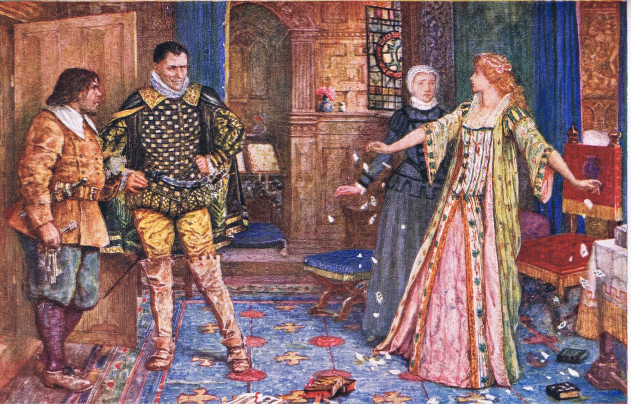Hrabina Leicester rozdziera list męża w obecności Varneya i Fostera, ilustracja z Kenilworth, ok. 1910 autorstwa Henry Justice Ford