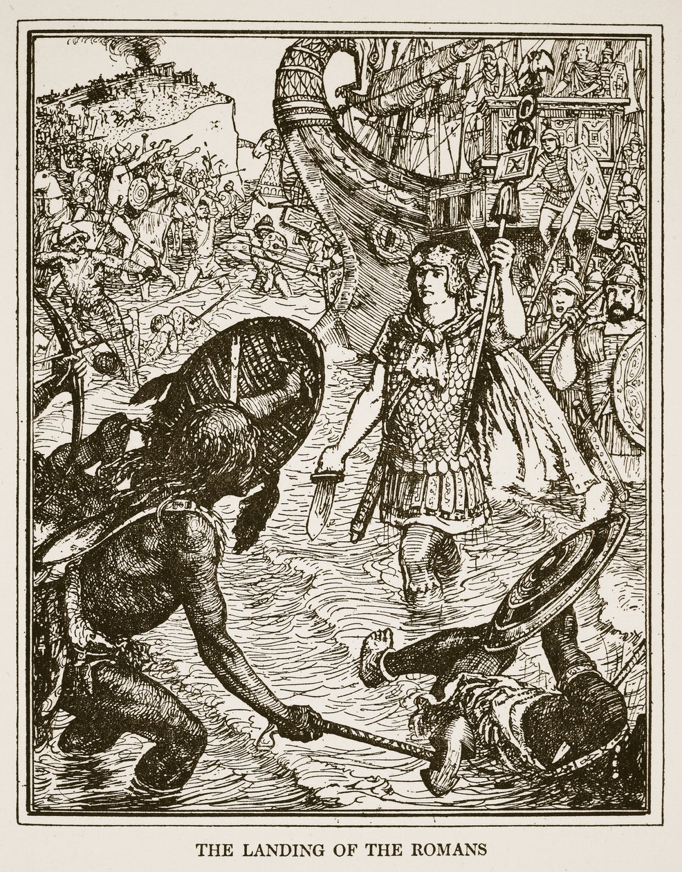 Lądowanie Rzymian, ilustracja z "Historii Anglii" C.R.L. Fletchera i Rudyarda Kiplinga, 1911 r. autorstwa Henry Justice Ford