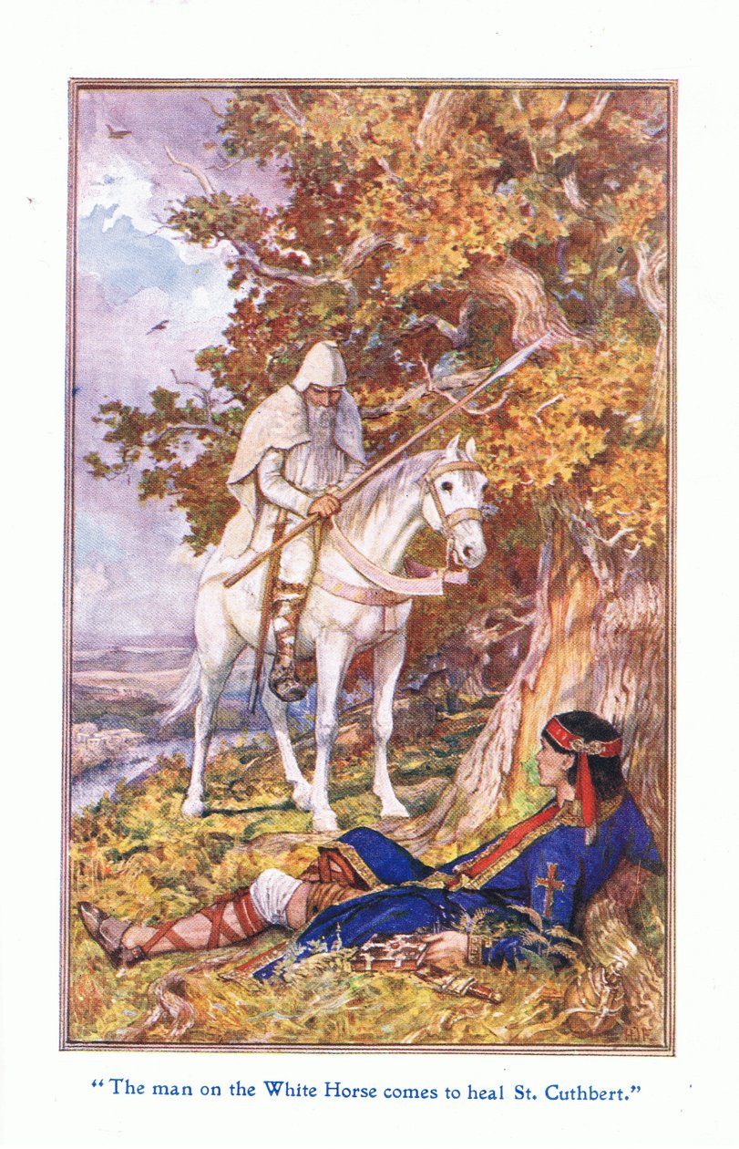 Mężczyzna na białym koniu przychodzi uzdrowić św. Cuthberta, 1912 r. autorstwa Henry Justice Ford
