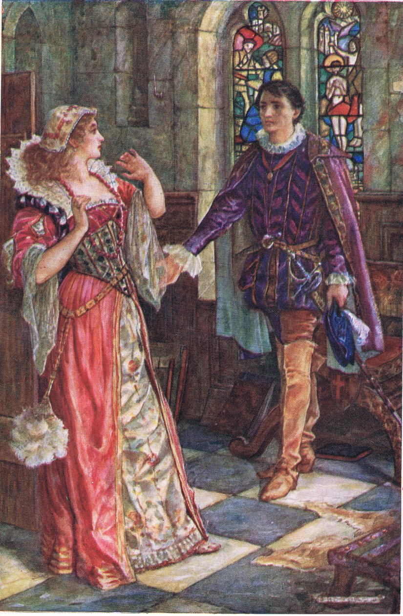 Spotkanie Amy i Tresilian w Cumnor Place, ilustracja z "Kenilworth", ok. 1910 (kolor lito) autorstwa Henry Justice Ford