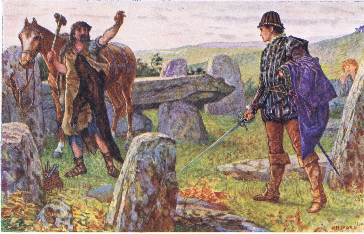 Tresilian konfrontuje się z tajemniczym kowalem, ilustracja z Kenilworth, ok. 1910 autorstwa Henry Justice Ford
