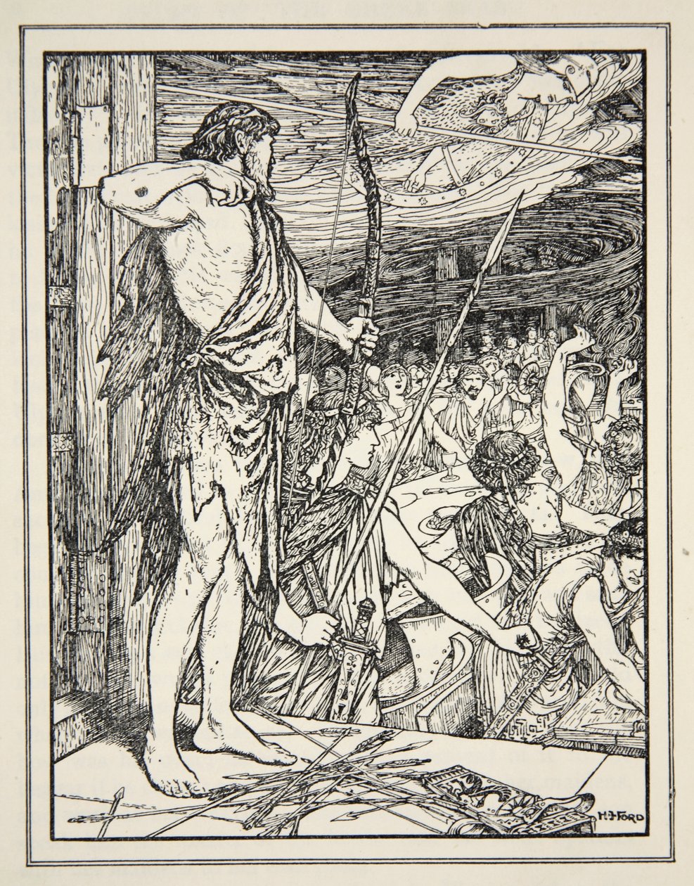 Ulisses strzela pierwszą strzałą w Zaloty z „Opowieści z greckich mórz” Andrew Langa autorstwa Henry Justice Ford