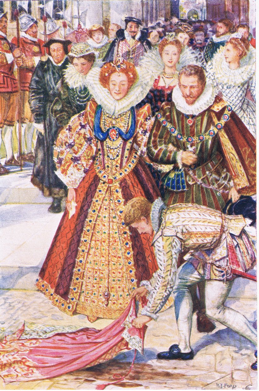 Walter Raleigh poświęca swój płaszcz dla królowej Elżbiety, ilustracja z Kenilworth, ok. 1910 autorstwa Henry Justice Ford