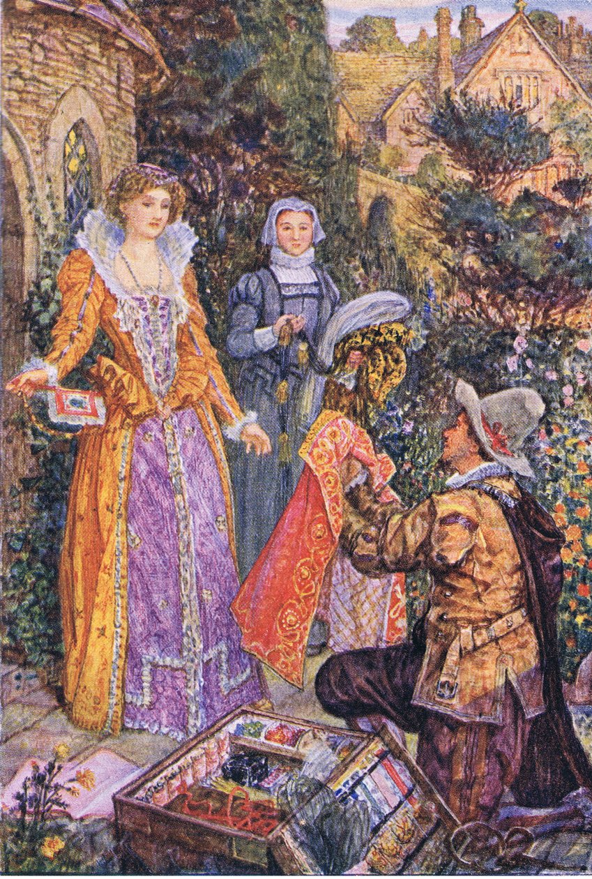 Wayland gra rolę handlarza w ogrodzie, ilustracja z Kenilworth, ok. 1910 r. autorstwa Henry Justice Ford