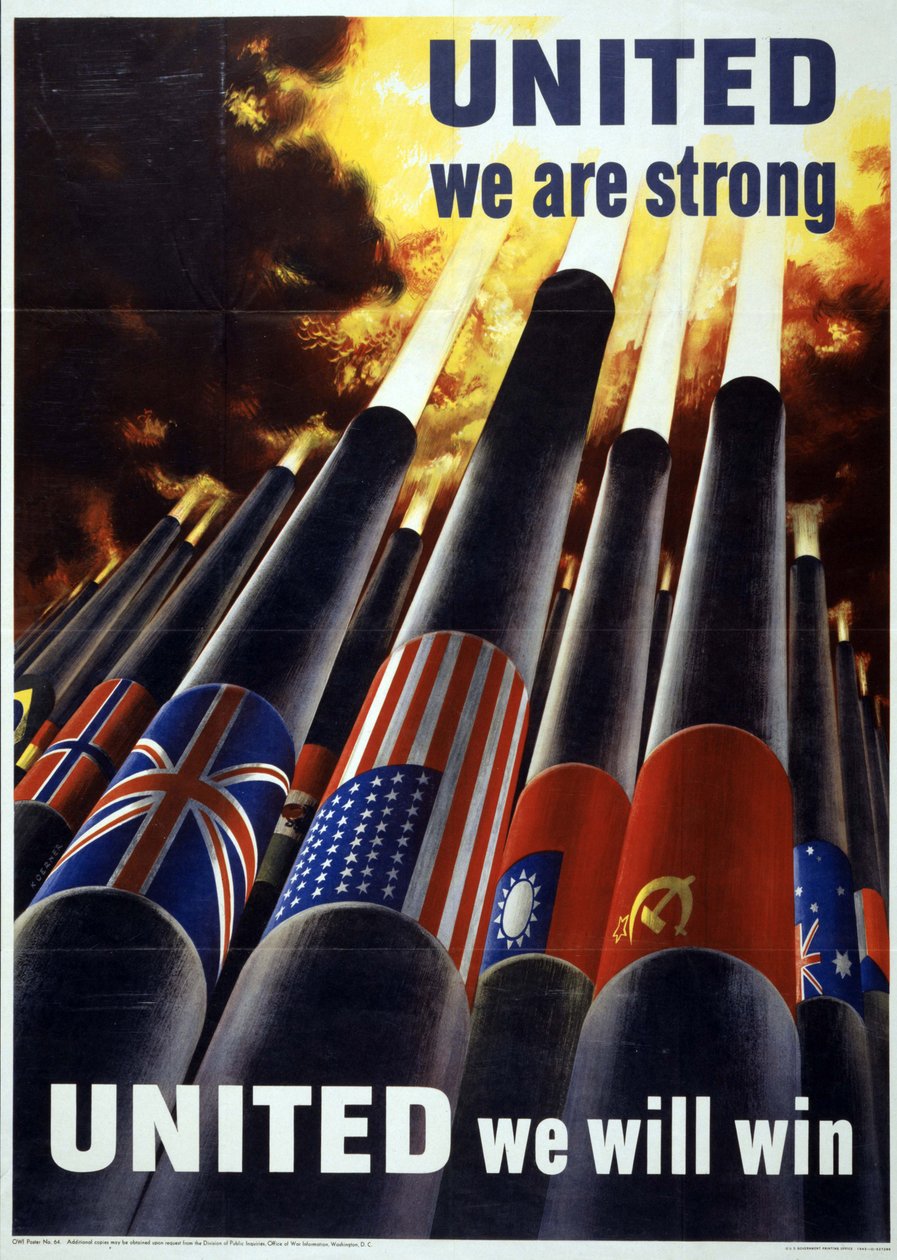 Zjednoczeni jesteśmy silni. UNITED we will win" - plakat USA z II wojny światowej z armatami, z których wszystkie wystrzeliwują pociski w niebo. autorstwa Henry Koerner