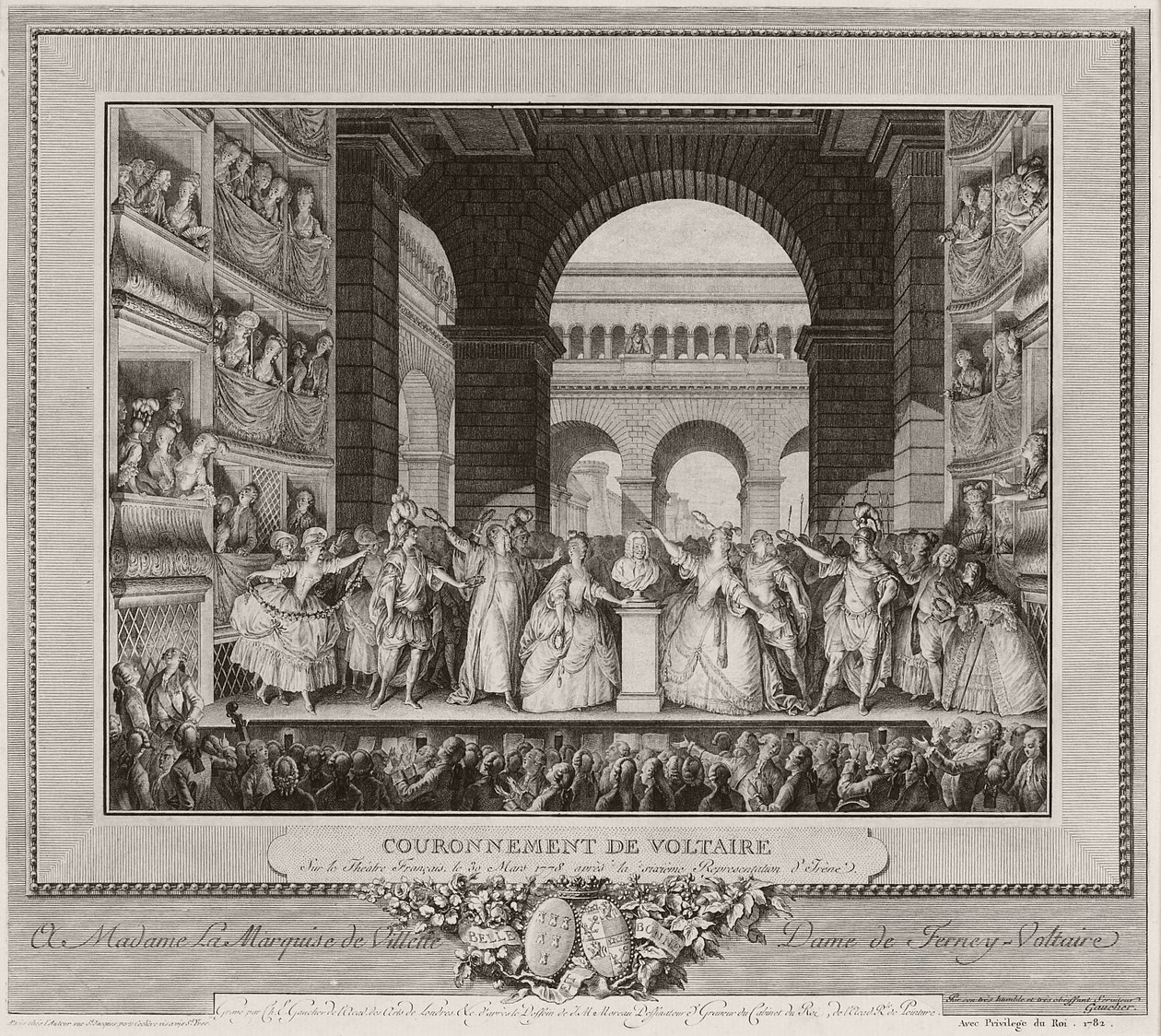 Koronacja Woltera w Théatre Francais, 30 marca 1778, po szóstym przedstawieniu Ireny, 1782 (akwaforta i rycina) autorstwa Henry Le Jeune