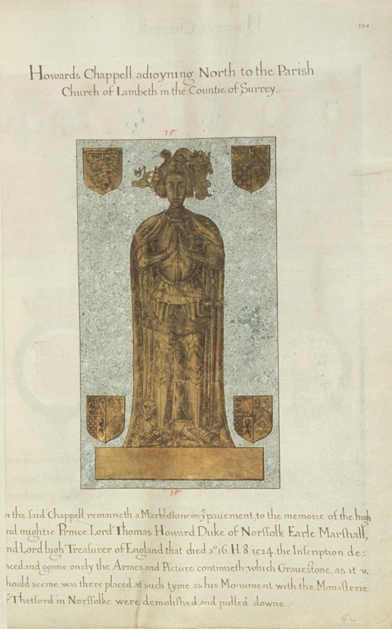 Marmurowy nagrobek lorda Thomasa Howarda księcia Norfolk, 1637 (atrament i złoty liść na welinie) autorstwa Henry Lilly