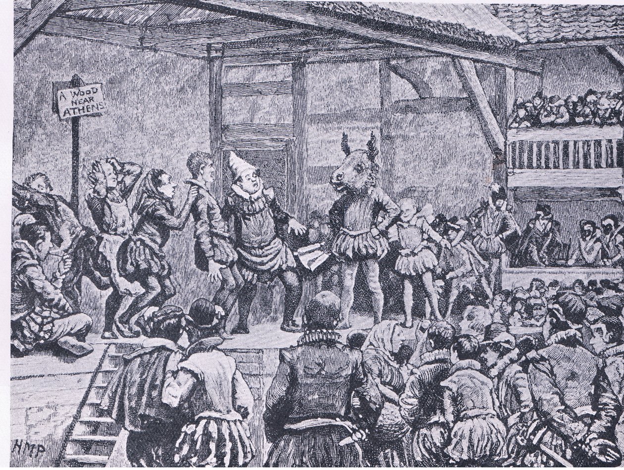 Sen nocy letniej w elżbietańskim teatrze z książki Cassells History of the British People opublikowanej przez Waverley Book Company, ok. 1950 r. autorstwa Henry Marriott Paget