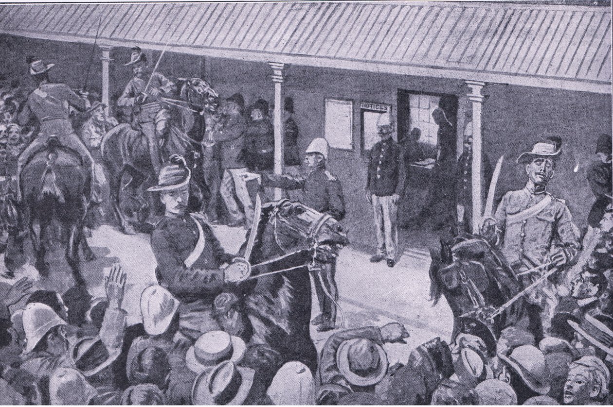 Wzmocnienia kolonialne dla Republiki Południowej Afryki: Napływ kandydatów do rekrutacji do Sydney z książki After Pretoria: The Guerilla War wydanej przez Harmsworth Brothers Limited, 1901 autorstwa Henry Marriott Paget