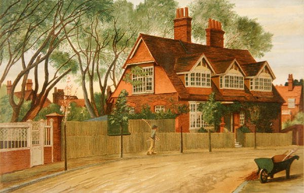 Queen Anne Gardens patrząc na północ, Bedford Park, Chiswick (kolor lito) autorstwa Henry Marriott Paget