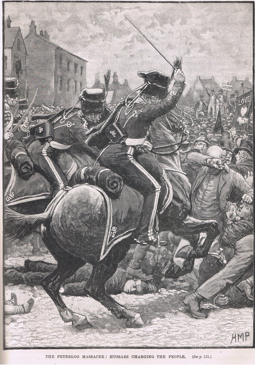 Masakra w Peterloo z Huzarami szarżującymi na ludzi, ilustracja z "Ilustrowanej historii Anglii" Cassella, wydanej ok. 1910 r. autorstwa Henry Marriott Paget