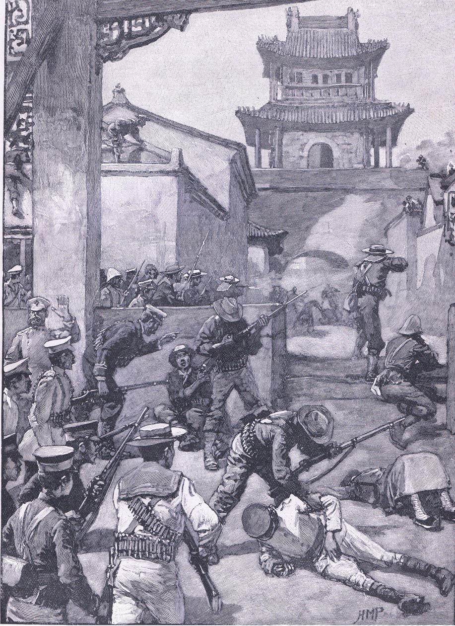 Wojna w Chinach: walki w Tientsin, ilustracja z Cassells History of England, 1900 autorstwa Henry Marriott Paget