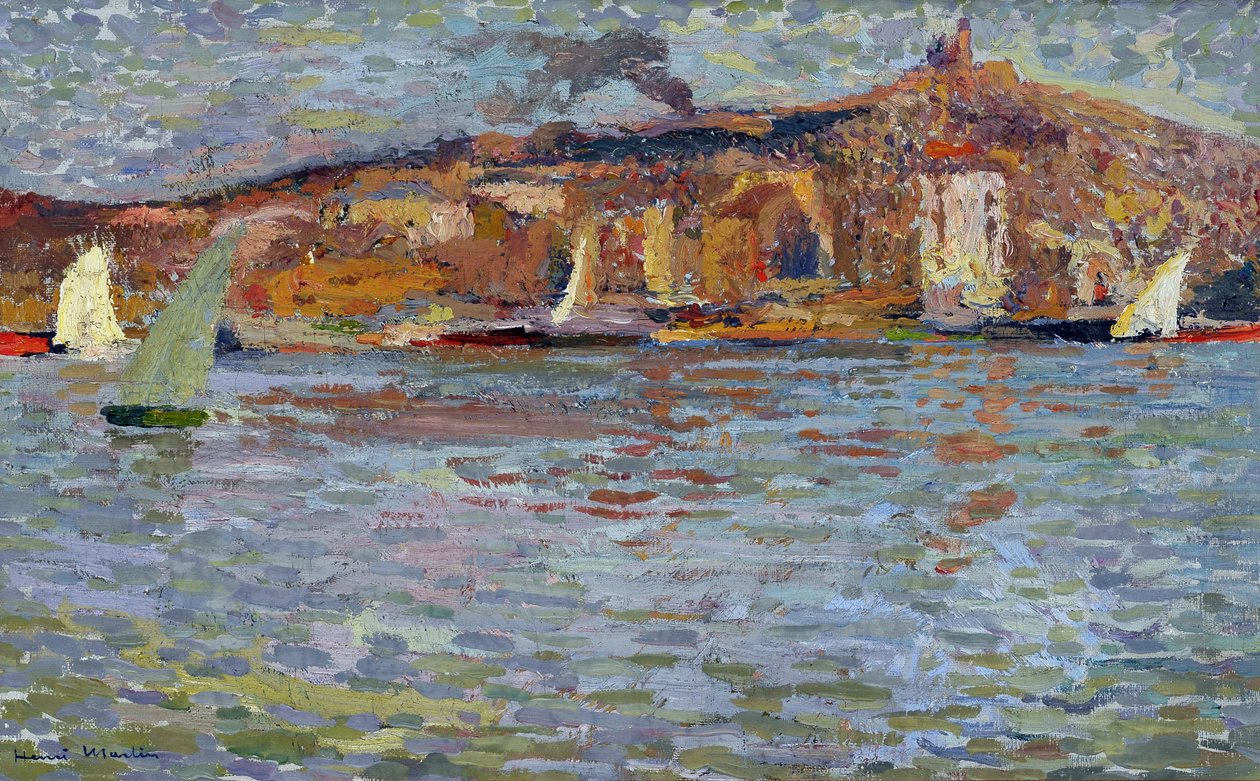 Port w Marsylii, stary port i „Dobra Matka” (Cathedrale Notre Dame de la Garde (Notre-Dame-de-la-Garde). Obraz Henri Martin (1835-1908). Olej na płótnie. Wymiary: 38x61cm Wzmianka obowiązkowa: Kolekcja fundacji Regards de Provence, Marseille autorstwa Henry Martin