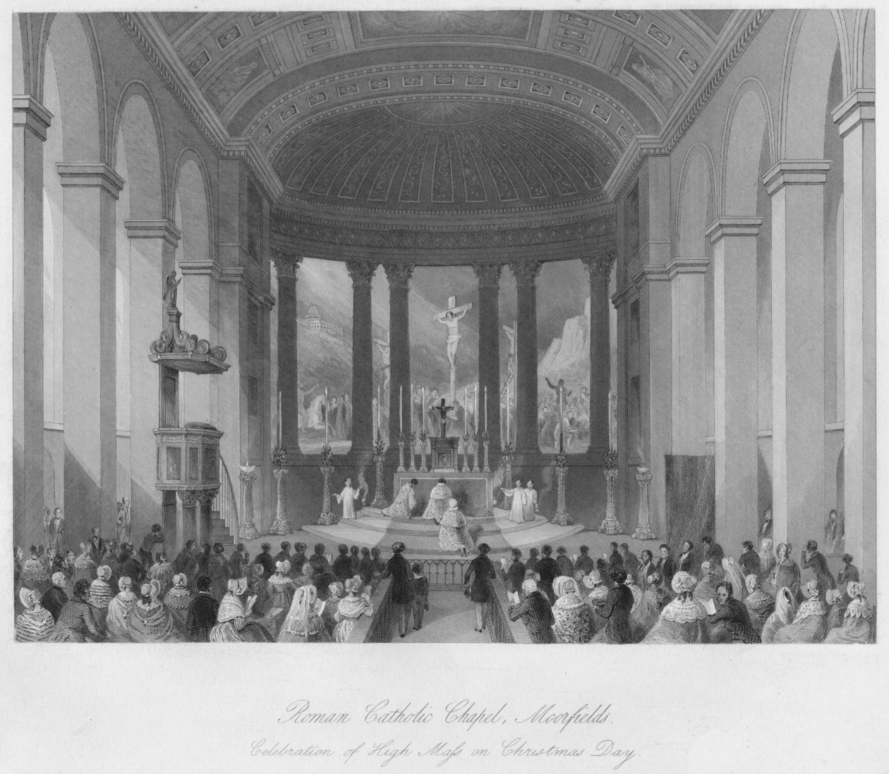 Kaplica rzymskokatolicka, Moorfields. Uroczystość Mszy Świętej w Boże Narodzenie, ok. 1841 r. autorstwa Henry Melville