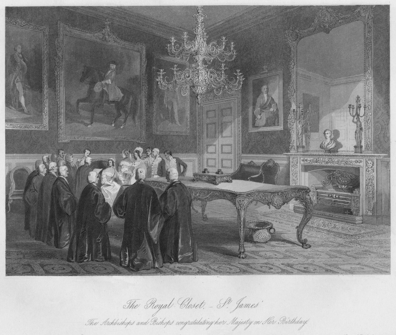 Szafa Królewska. - Św. Jakuba. Arcybiskupi i Biskupi gratulujący Jej Królewskiej Mości z okazji Jej Narodzin autorstwa Henry Melville