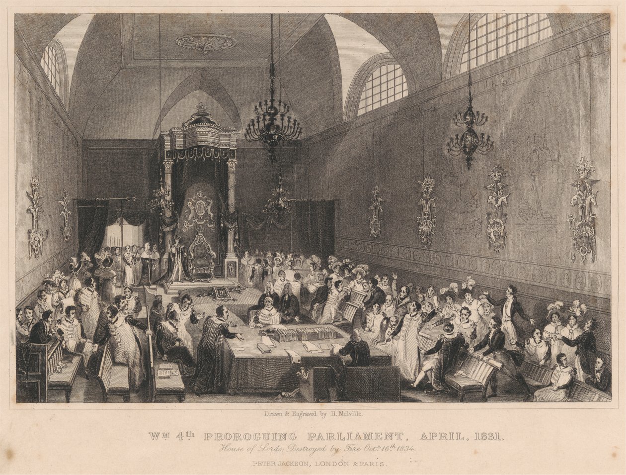 William czwarty Parlament Proroguing, kwiecień 1831. Izba Lordów: zniszczona przez pożar 16 października 1834 autorstwa Henry Melville