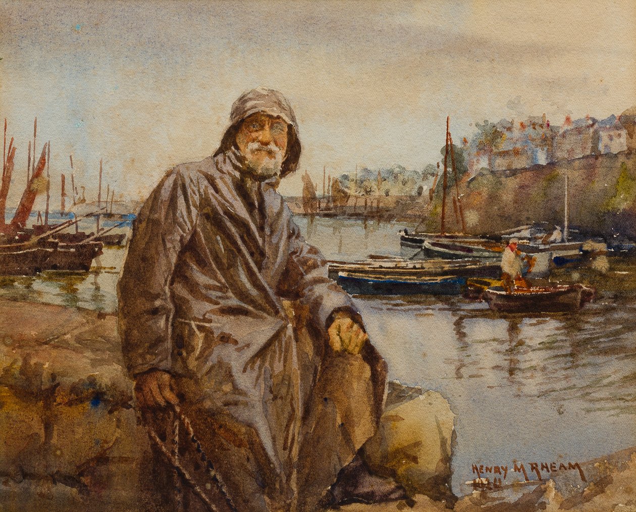 Rybak na ścianie Newlyn Harbor, 1920 (wc na papierze) autorstwa Henry Meynell Rheam