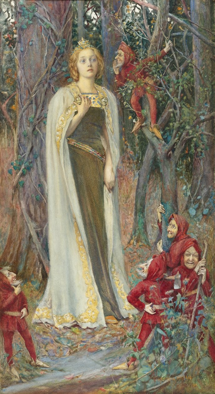 Obrazy prerafaelickie: Dawno, dawno temu (Królewna Śnieżka) (Blanche Neige) par Rheam, Henry Meynell (1859-1920). Akwarela, gwasz na papierze, 78x43. Prywatna kolekcja autorstwa Henry Meynell Rheam