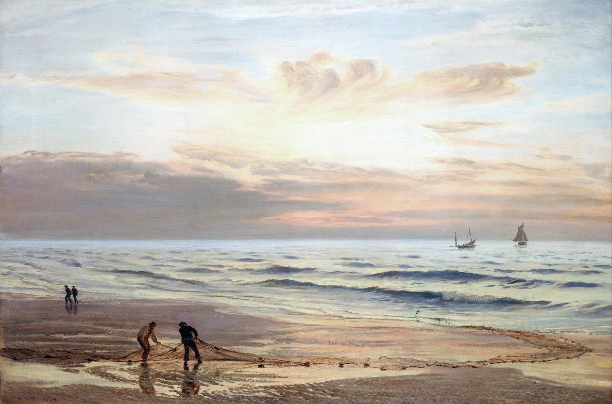 Rybacy ciągnący sieci na północnym wybrzeżu Walii. Olej na płótnie autorstwa Henry Moore