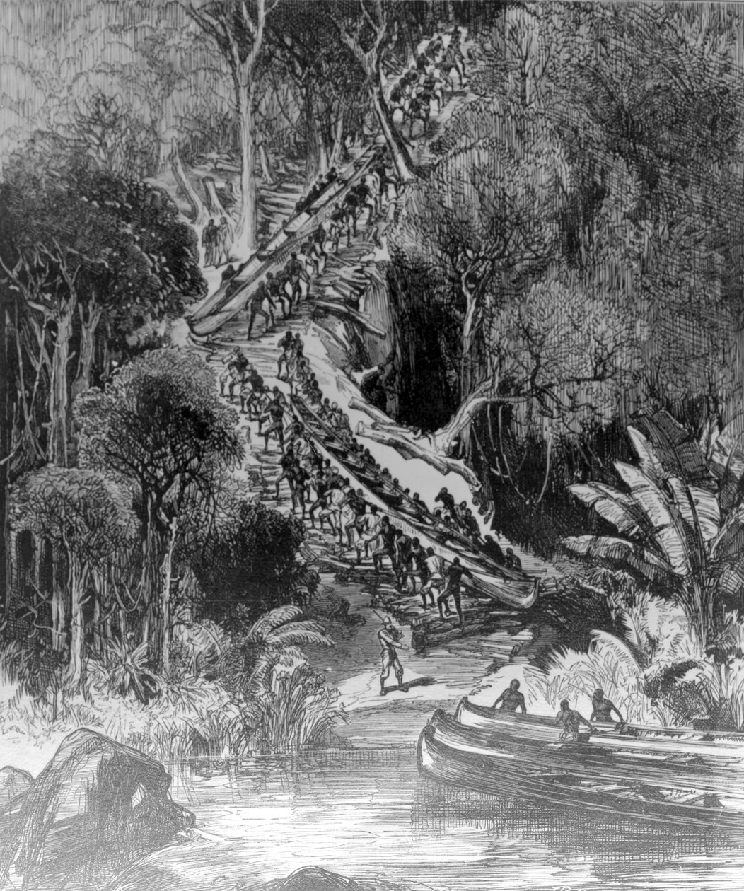 Hauling Canoes Up Inkisi Falls, opublikowano „The Illustrated London News” 6 lutego 1878 r. autorstwa Henry Morton Stanley