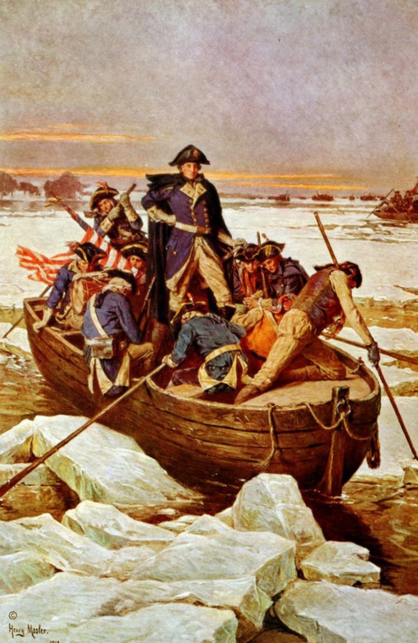 George Washington Crossing the Delaware River”, 25 grudnia 1776. Incydent w wojnie o niepodległość 1775-1783 (amerykańska wojna o niepodległość), kiedy George Washington (1732-1799) był głównodowodzącym armii amerykańskiej. Ilustracja c1912. autorstwa Henry Mosler