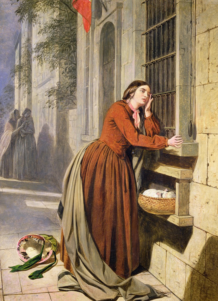 Matka deponująca dziecko w szpitalu Foundling w Paryżu, ok. 1855-60 (olej na drewnie) autorstwa Henry Nelson O
