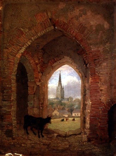 Widok przez Archway of the Cow Tower, Norwich (olej na panelu) autorstwa Henry Ninham